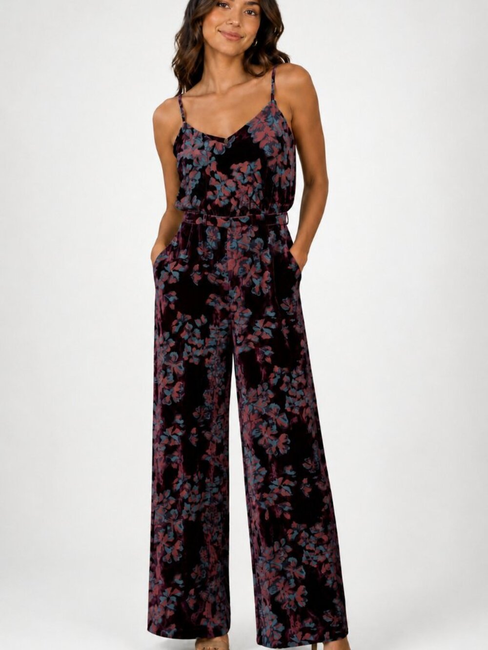 Saloni Loretta Velvet Wide Leg Jumpsuit in Maroon Floral, Size 6